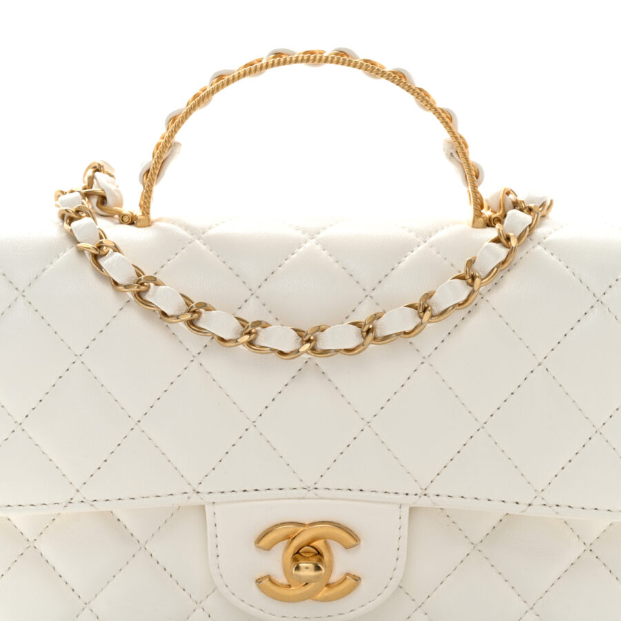 Lambskin Quilted Mini Metal Top Handle Rectangular Flap White - Image 6