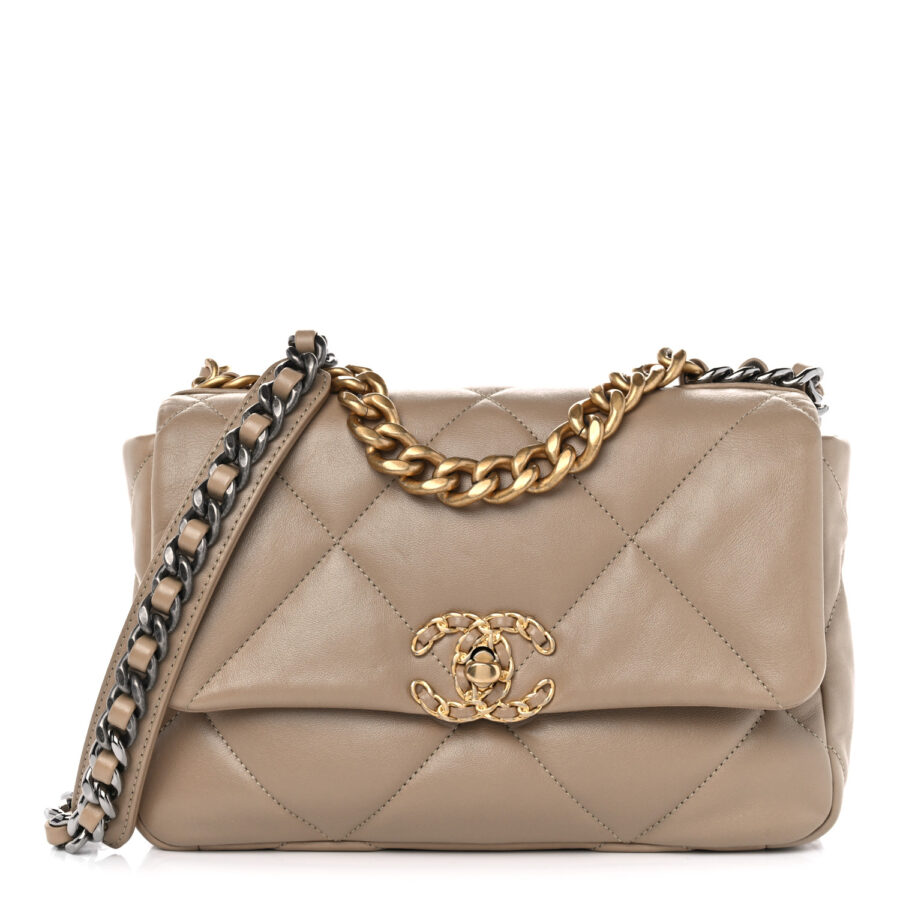Lambskin Quilted Medium Chanel 19 Flap Dark Beige