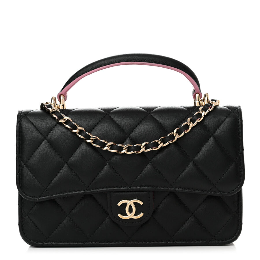 Lambskin Quilted Flap Phone Holder With Chain Black Lilac