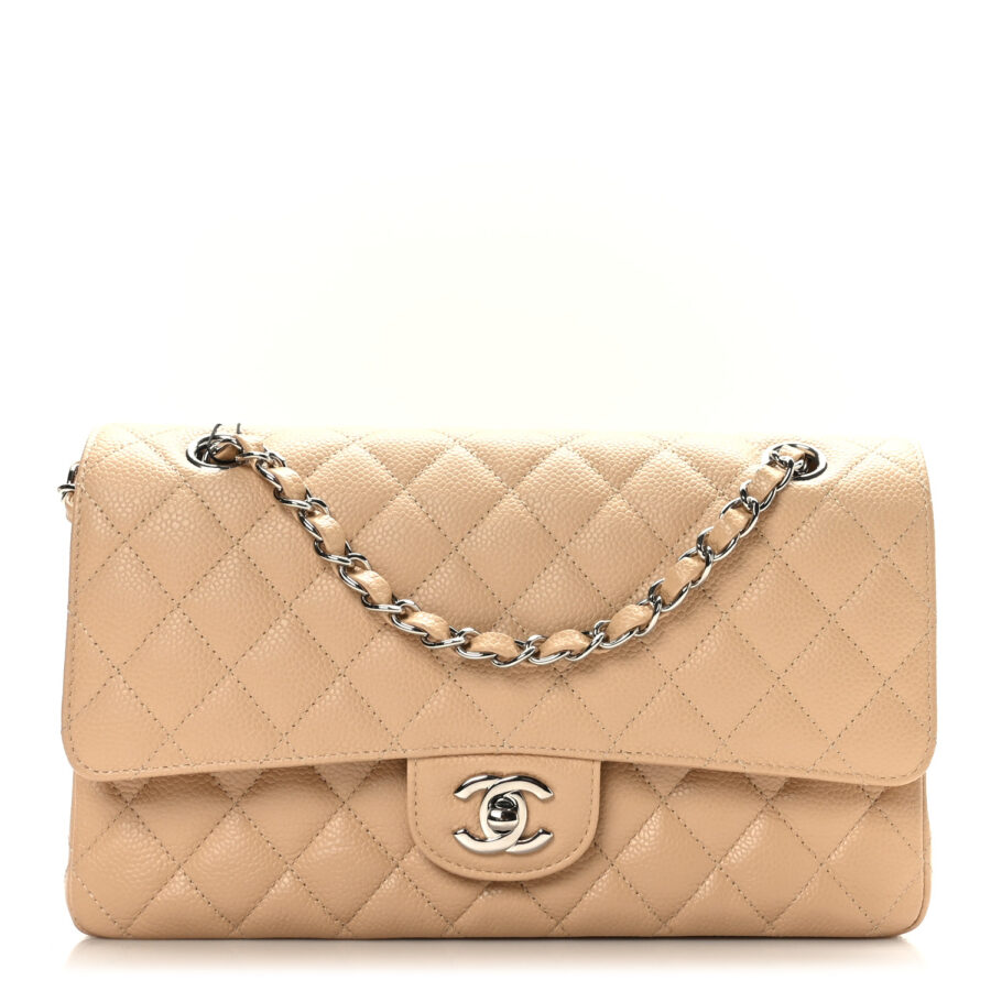 Caviar Quilted Medium Double Flap Beige