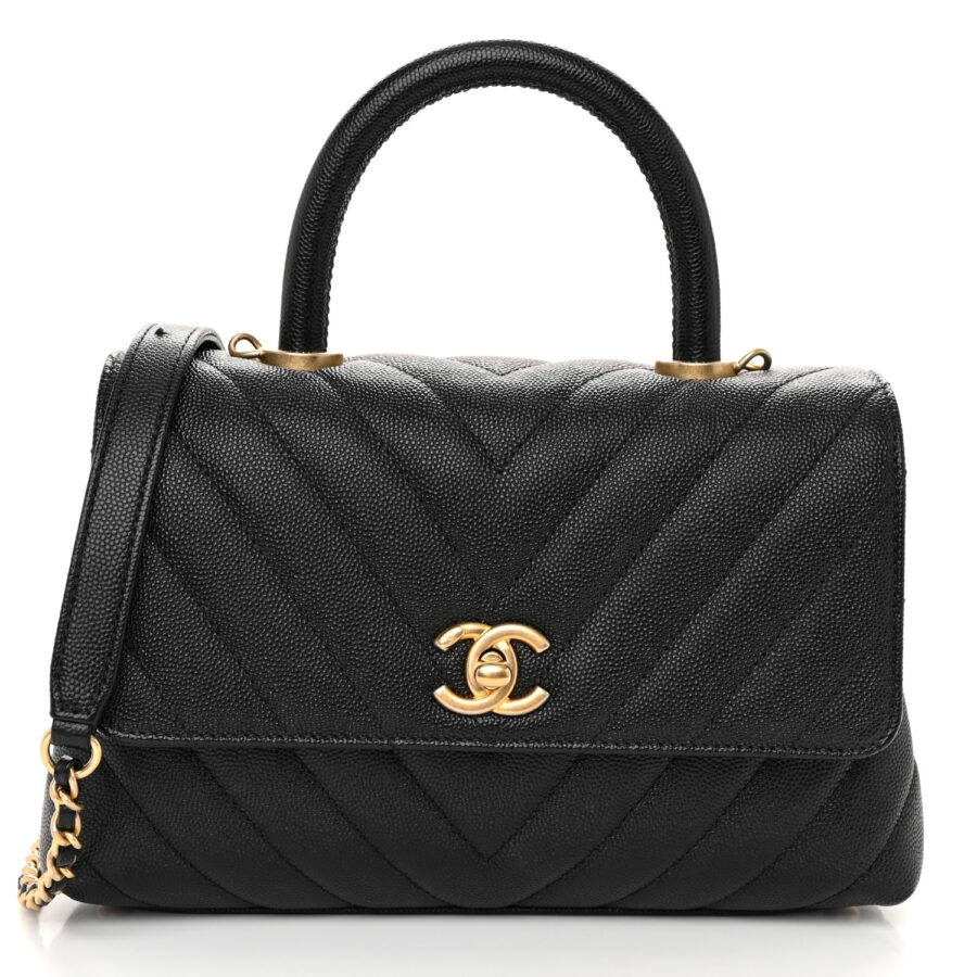 Caviar Chevron Quilted Mini Coco Handle Flap Black