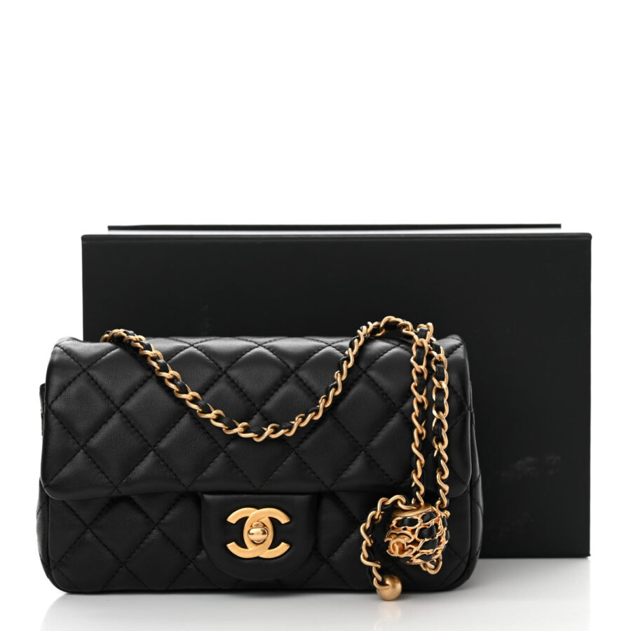 Lambskin Quilted Mini Rectangular Pearl Crush Flap Black - Image 9