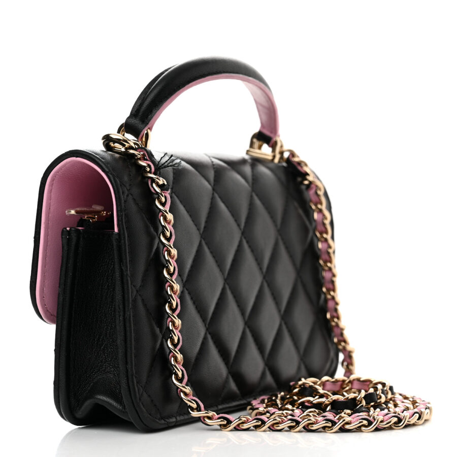 Lambskin Quilted Flap Phone Holder With Chain Black Lilac - Image 2