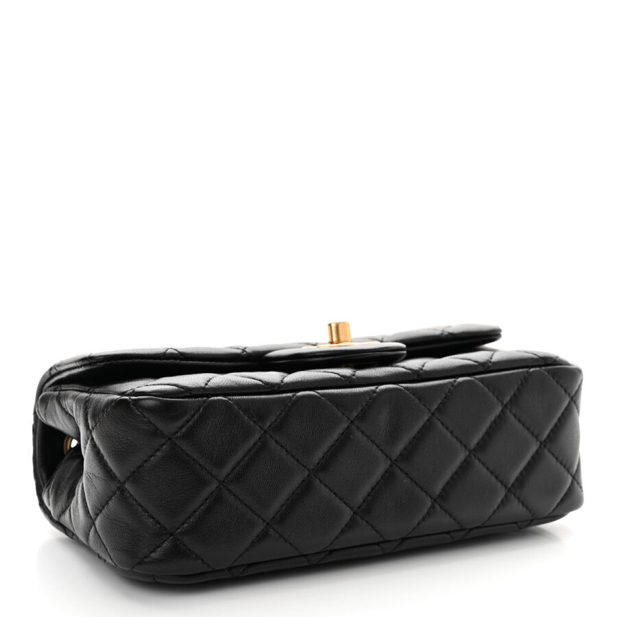 Lambskin Quilted Mini Rectangular Pearl Crush Flap Black - Image 3