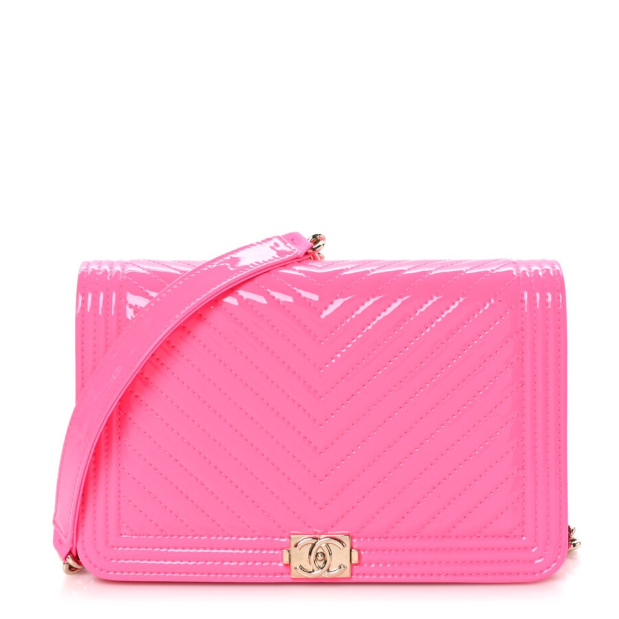 Patent Chevron Quilted Boy Wallet On Chain WOC  Rose Pink