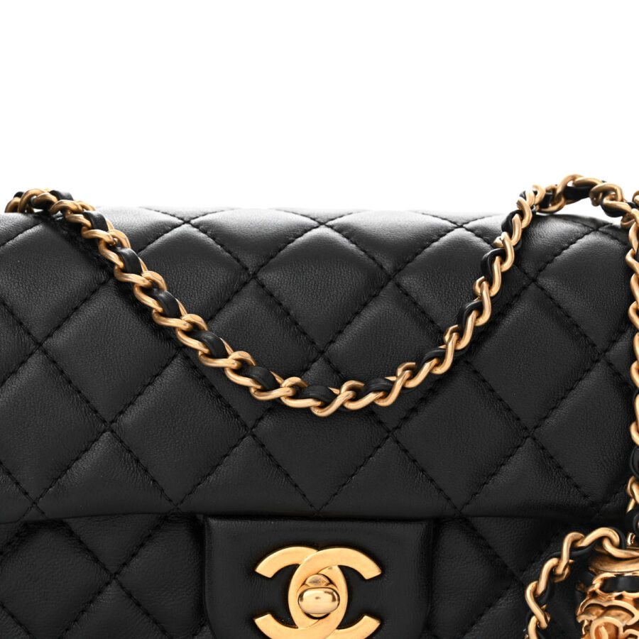 Lambskin Quilted Mini Rectangular Pearl Crush Flap Black - Image 6