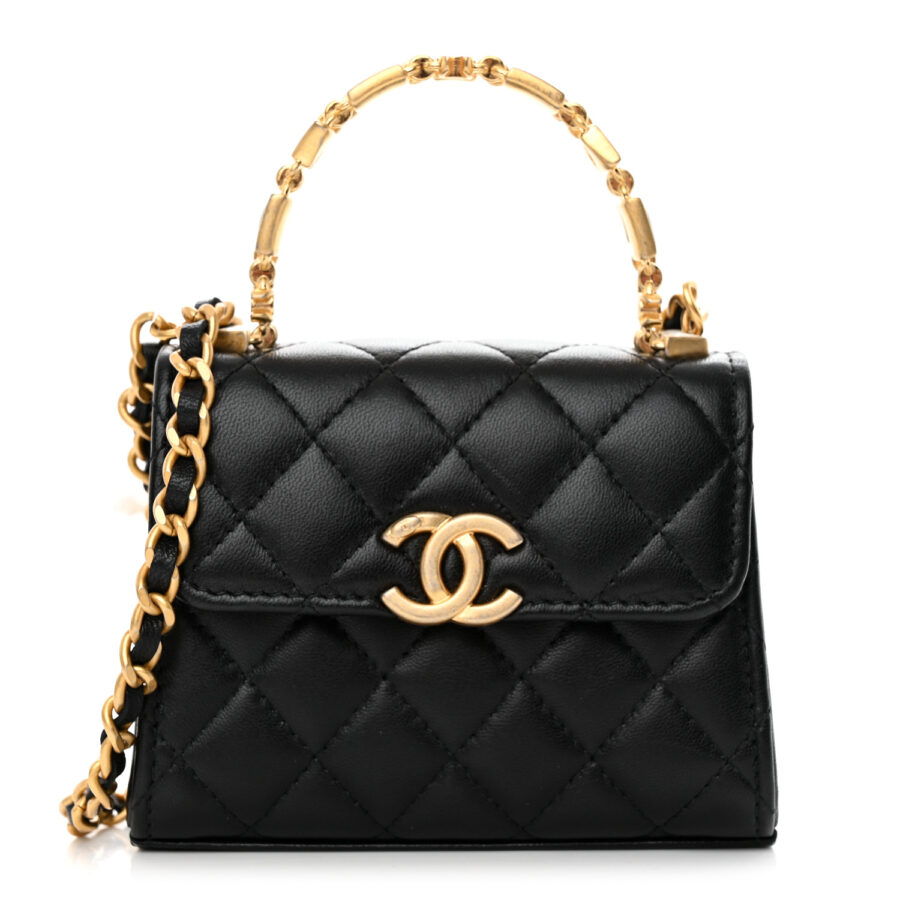 Lambskin Enamel Quilted Mini Top Handle Flap Black