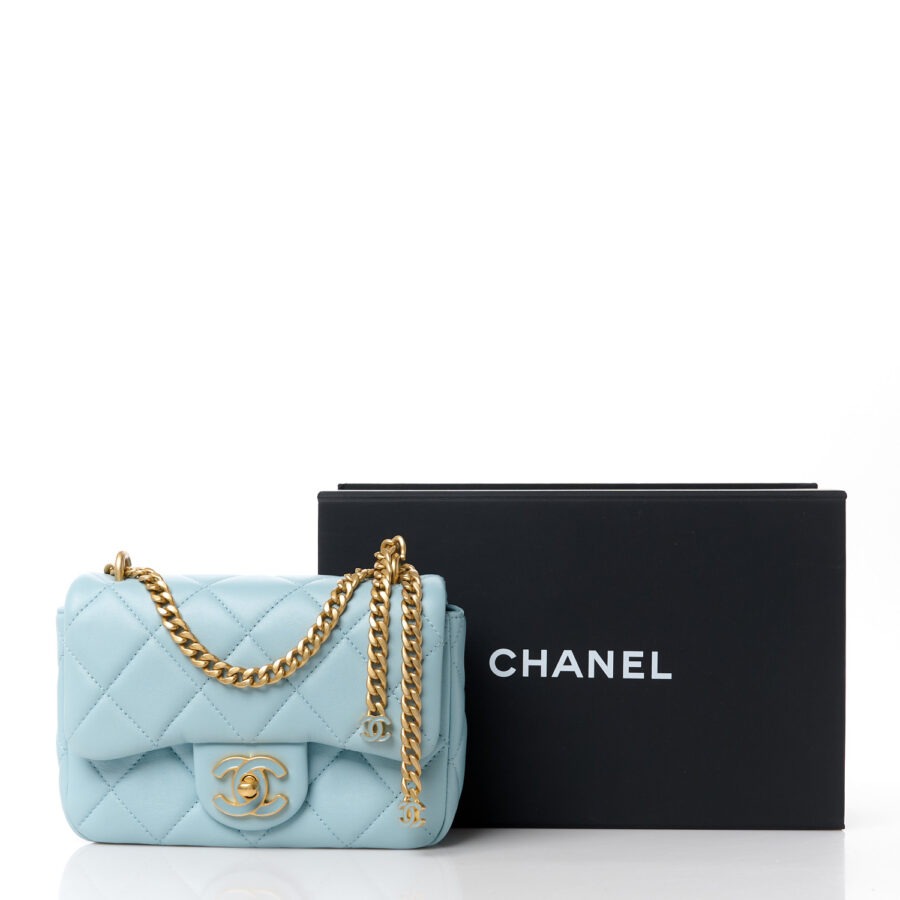 Lambskin Enamel Quilted Mini Pending CC Square Flap Light Blue - Image 10
