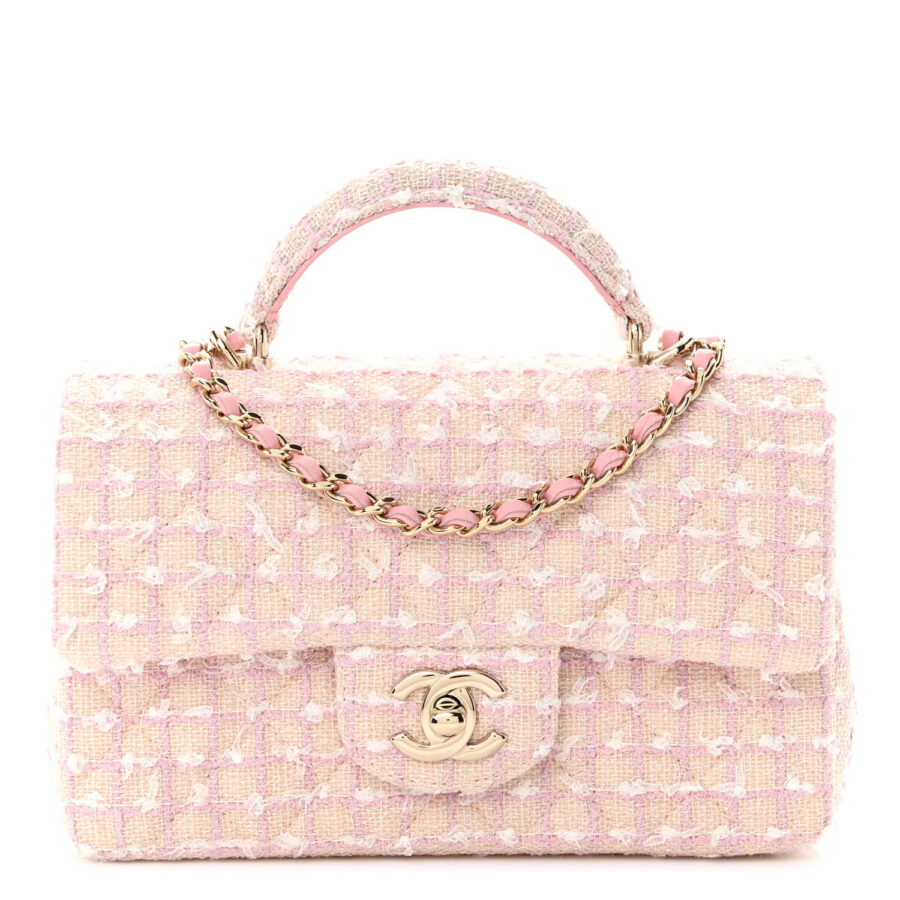 Tweed Quilted Mini Top Handle Rectangular Flap Light Pink