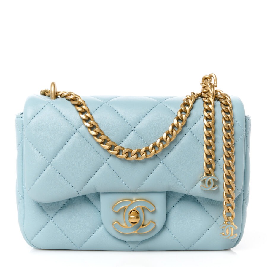 Lambskin Enamel Quilted Mini Pending CC Square Flap Light Blue