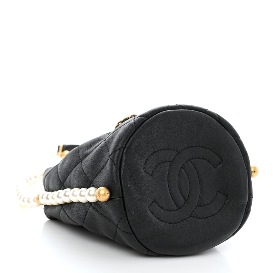 Calfskin Quilted Pearl Mini About Pearls Drawstring Bucket Bag Black - Image 3