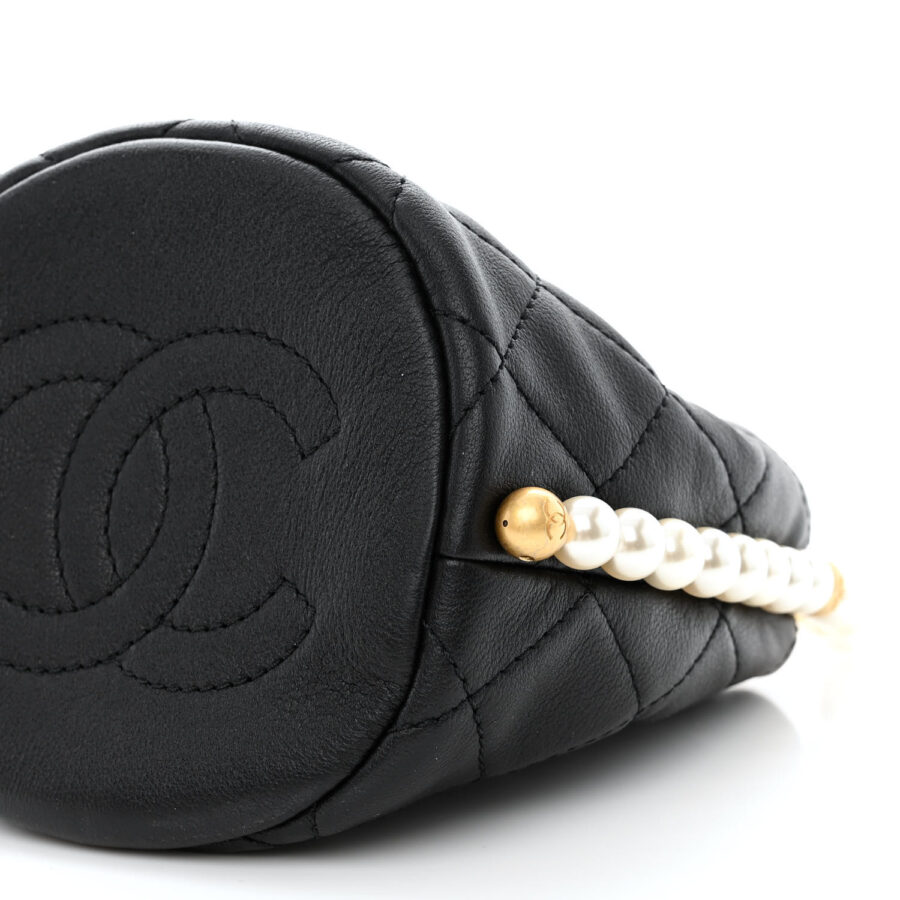 Calfskin Quilted Pearl Mini About Pearls Drawstring Bucket Bag Black - Image 8