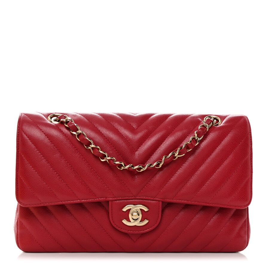 Caviar Chevron Quilted Medium Double Flap Dark Red