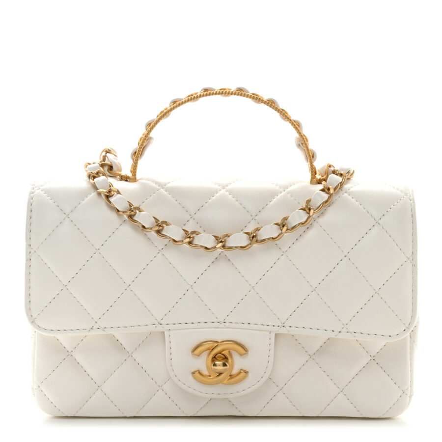 Lambskin Quilted Mini Metal Top Handle Rectangular Flap White