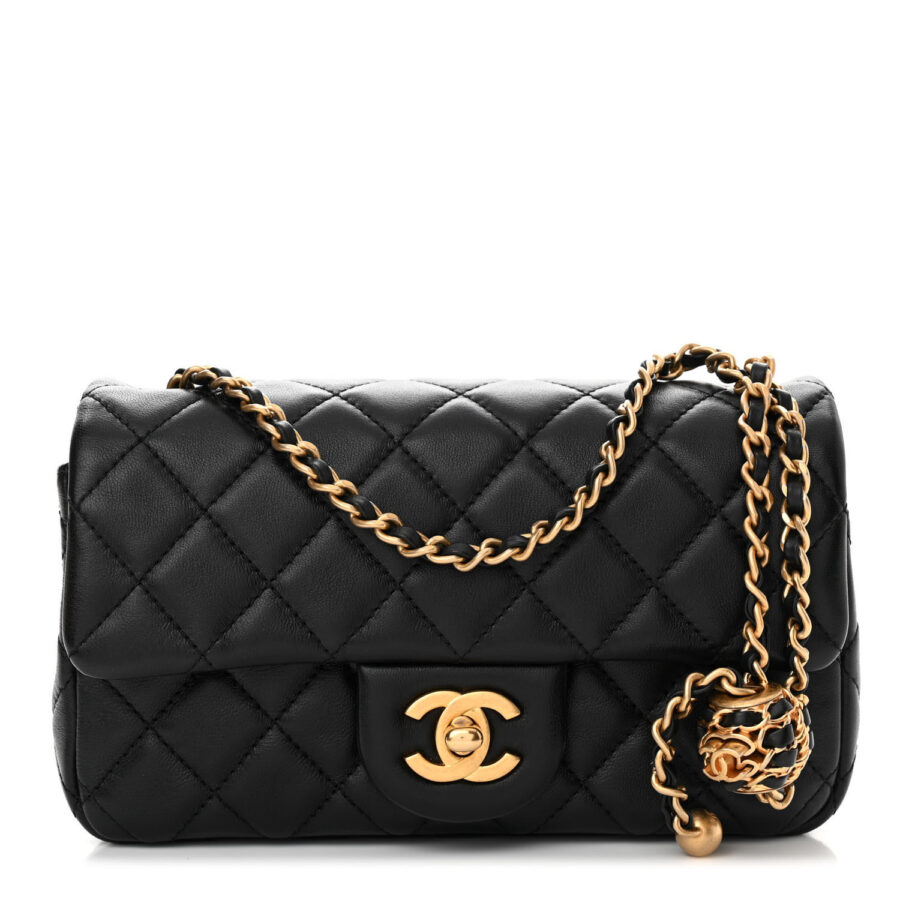Lambskin Quilted Mini Rectangular Pearl Crush Flap Black