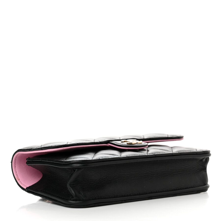 Lambskin Quilted Flap Phone Holder With Chain Black Lilac - Image 4