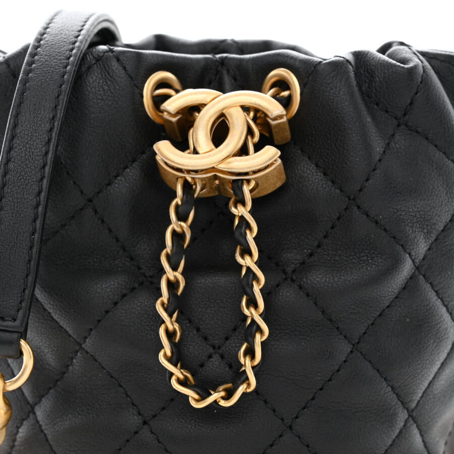 Calfskin Quilted Pearl Mini About Pearls Drawstring Bucket Bag Black - Image 6