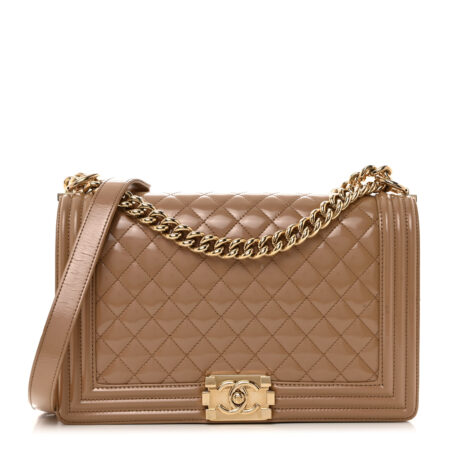 Iridescent Glazed Calfskin Quilted New Medium Boy Flap Dark Beige