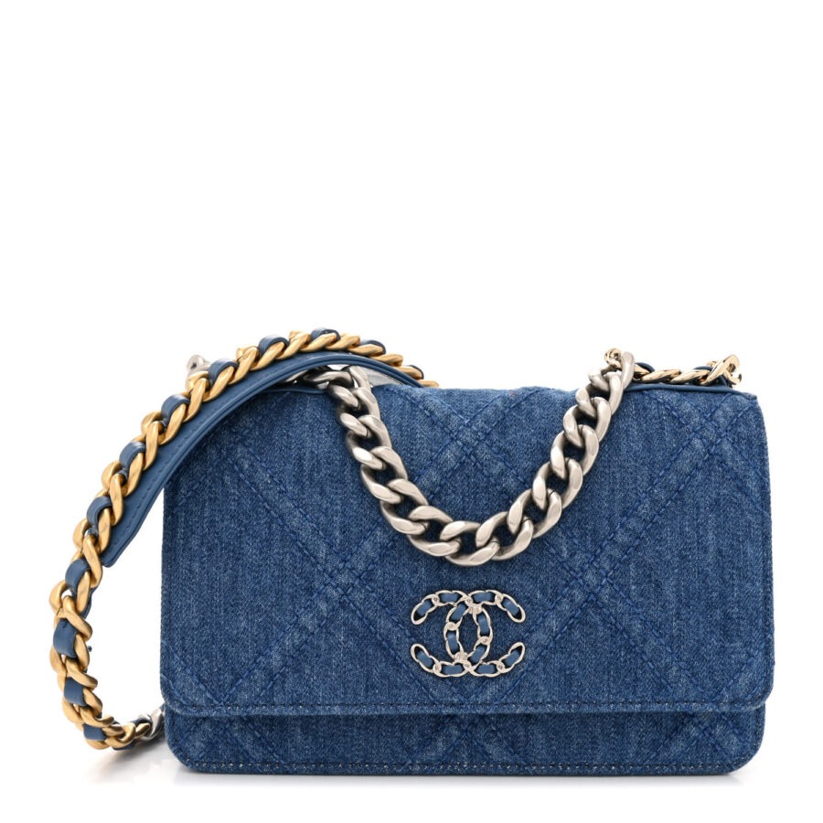 Denim Quilted Chanel 19 Wallet On Chain WOC Blue