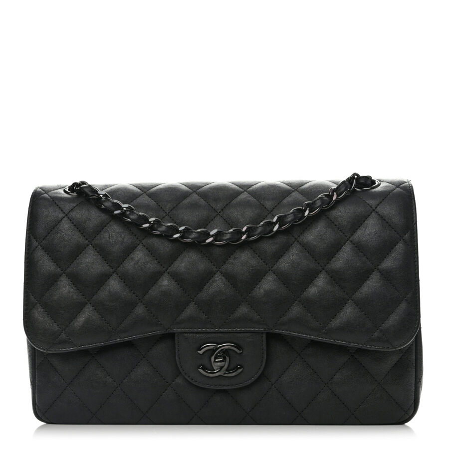 Crumpled Calfskin Quilted Jumbo Double Flap So Black