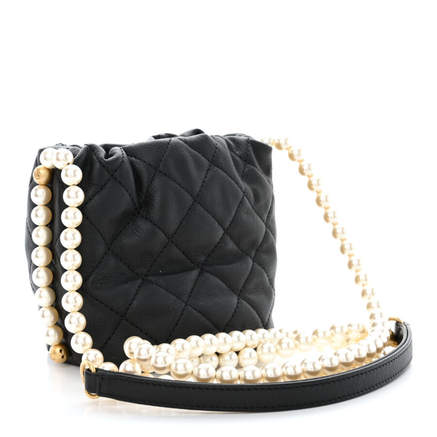 Calfskin Quilted Pearl Mini About Pearls Drawstring Bucket Bag Black - Image 2