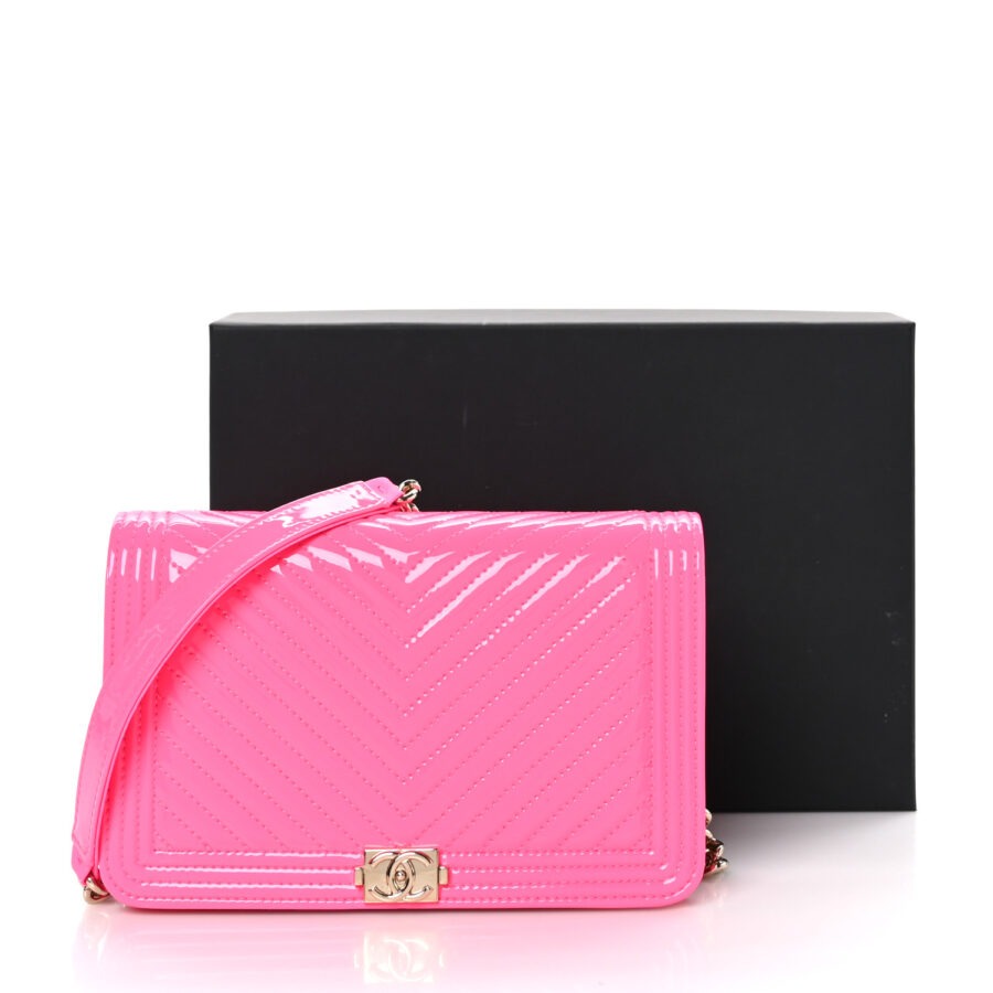 Patent Chevron Quilted Boy Wallet On Chain WOC  Rose Pink - Image 11
