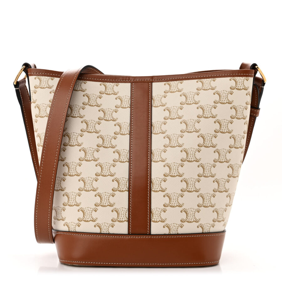 Triomphe Canvas Calfskin Small Bucket Bag White