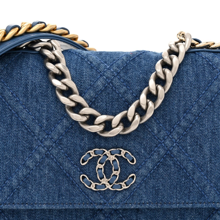 Denim Quilted Chanel 19 Wallet On Chain WOC Blue - Image 6