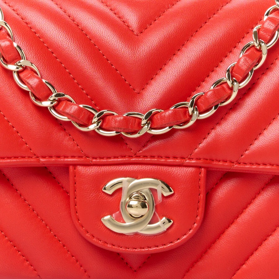 Lambskin Chevron Quilted Mini Rectangular Flap Red - Image 7