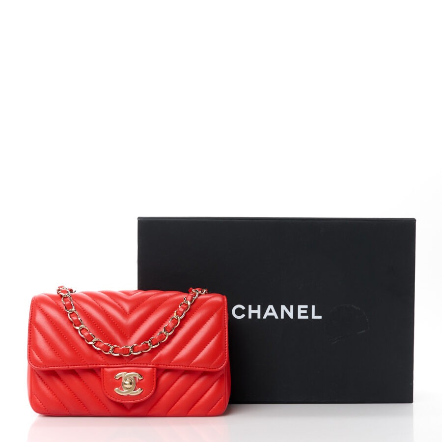 Lambskin Chevron Quilted Mini Rectangular Flap Red - Image 10