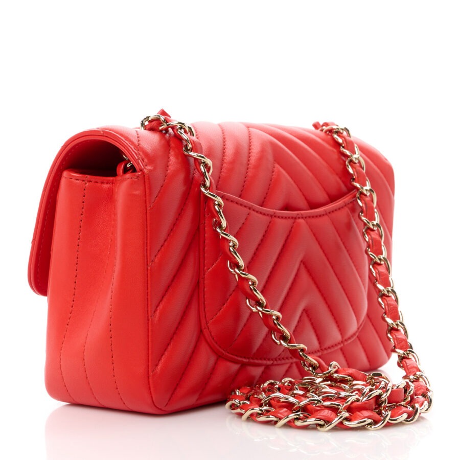 Lambskin Chevron Quilted Mini Rectangular Flap Red - Image 2