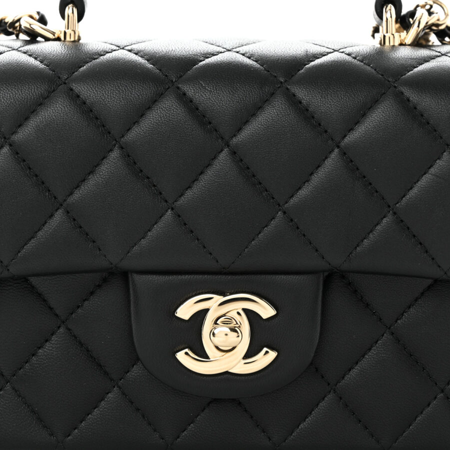 Lambskin Quilted Mini Lion Charm Top Handle Rectangular Flap Black - Image 6