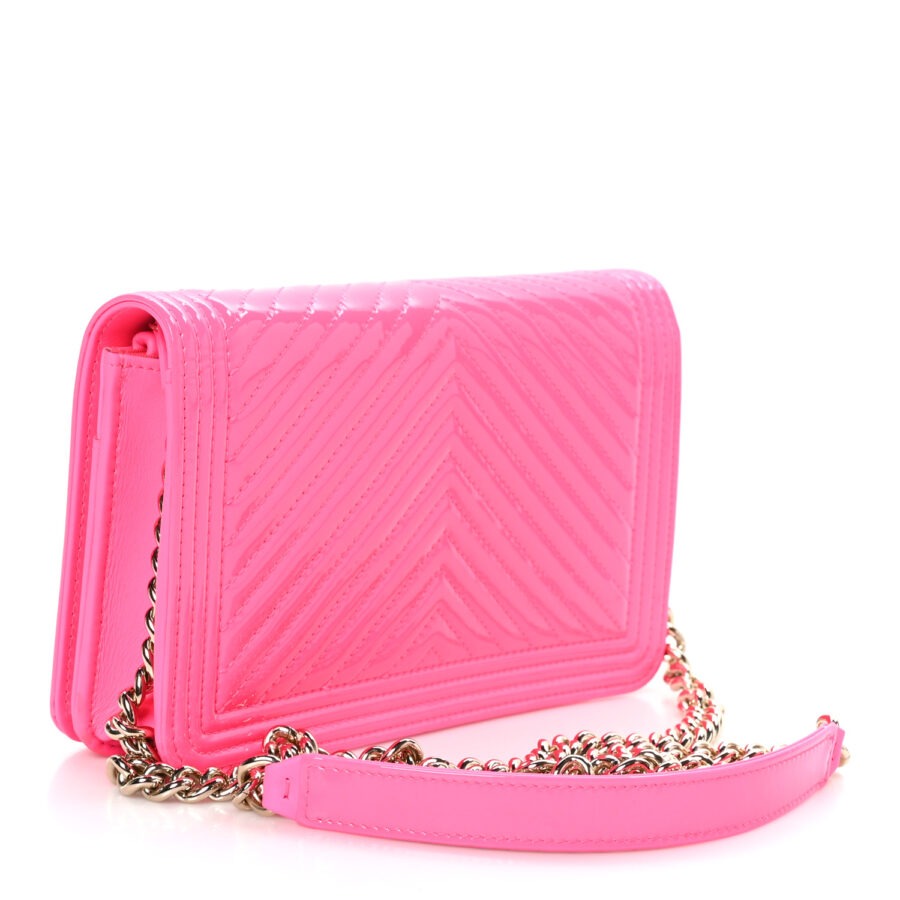 Patent Chevron Quilted Boy Wallet On Chain WOC  Rose Pink - Image 2